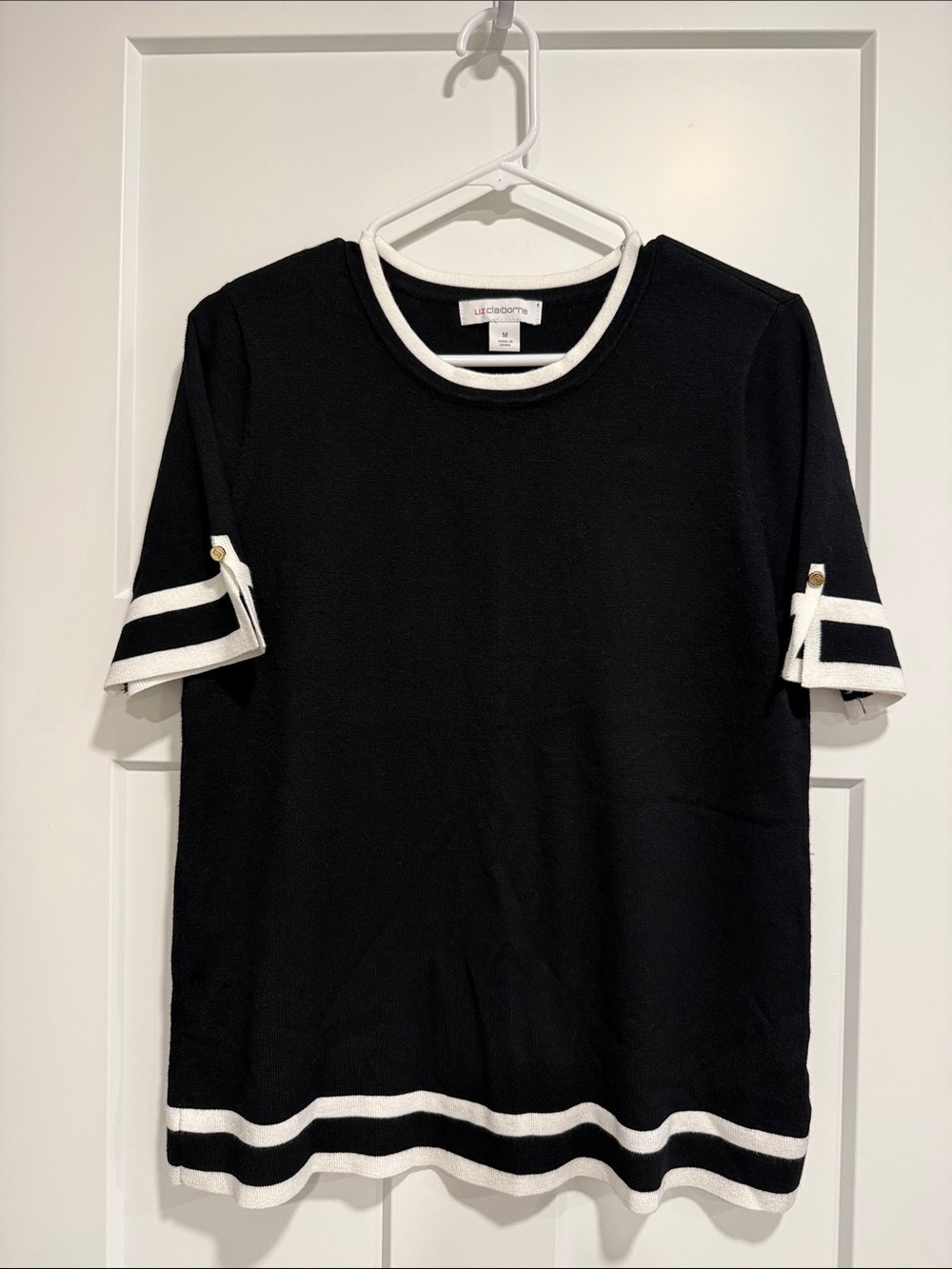 Liz Claiborne Black White Knit Top Size M Striped Trim Short Sleeve